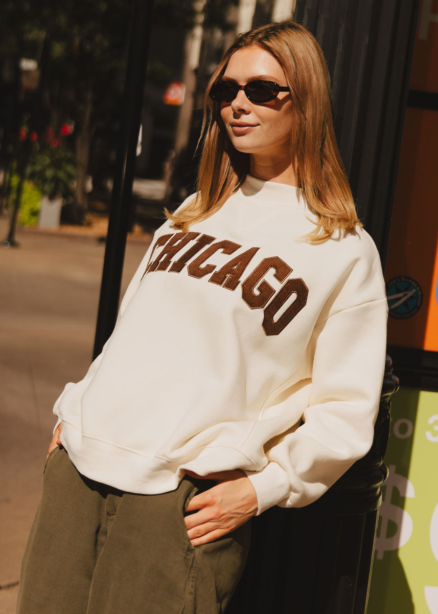 Chicago Collegiate Cord Mock Neck Sweatshirt - Ivory & Espresso