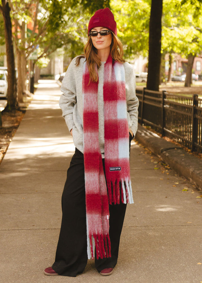 MAD HTR Oversized Blanket Scarf - Burgundy & Blue Plaid