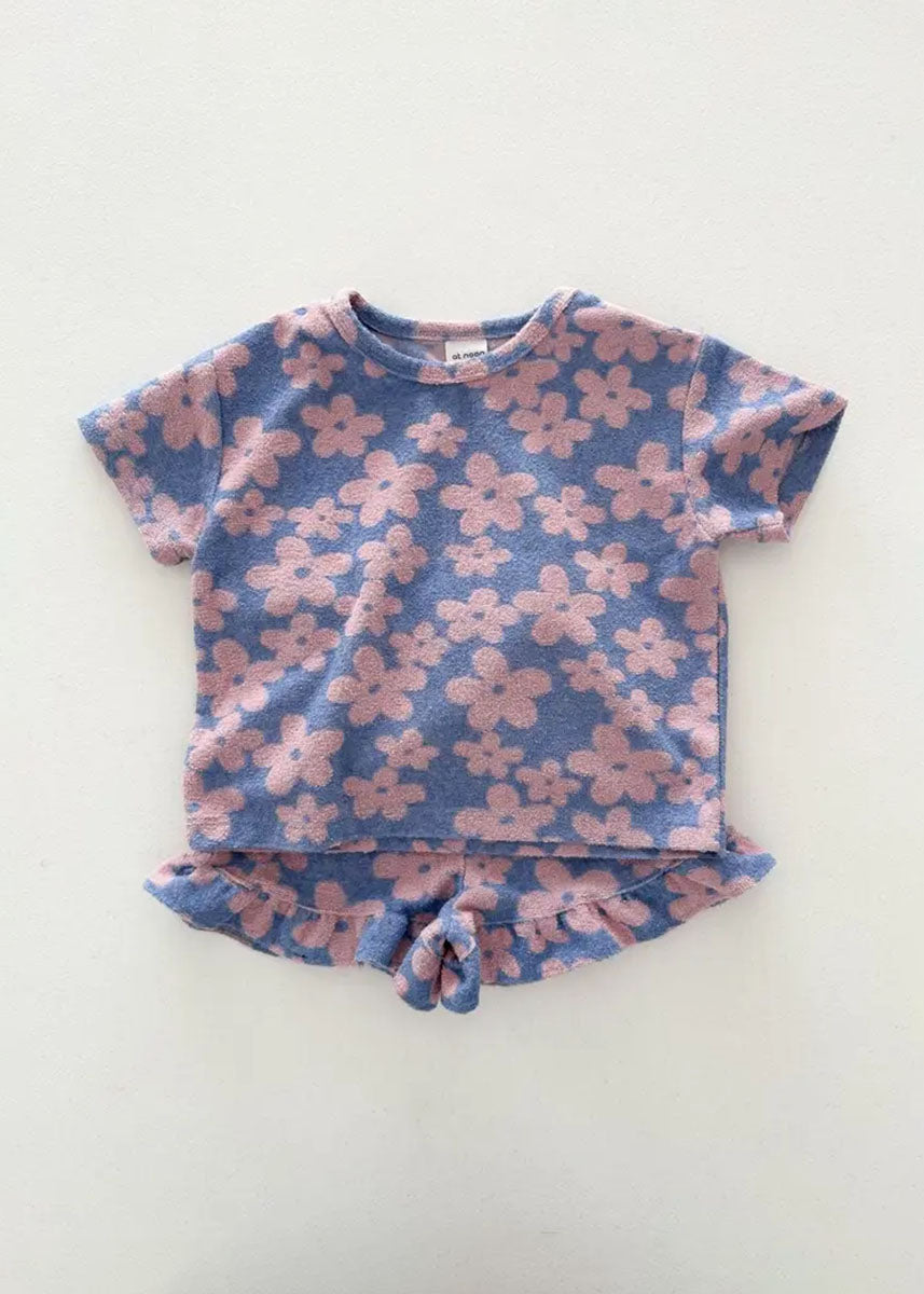 Floral Terry Cloth Short Sleeve & Ruffle Shorts Set
