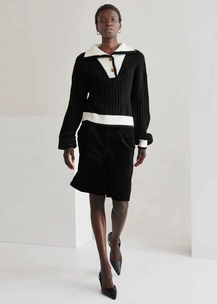 Iris Funnel Neck Contrast Sweater - Black