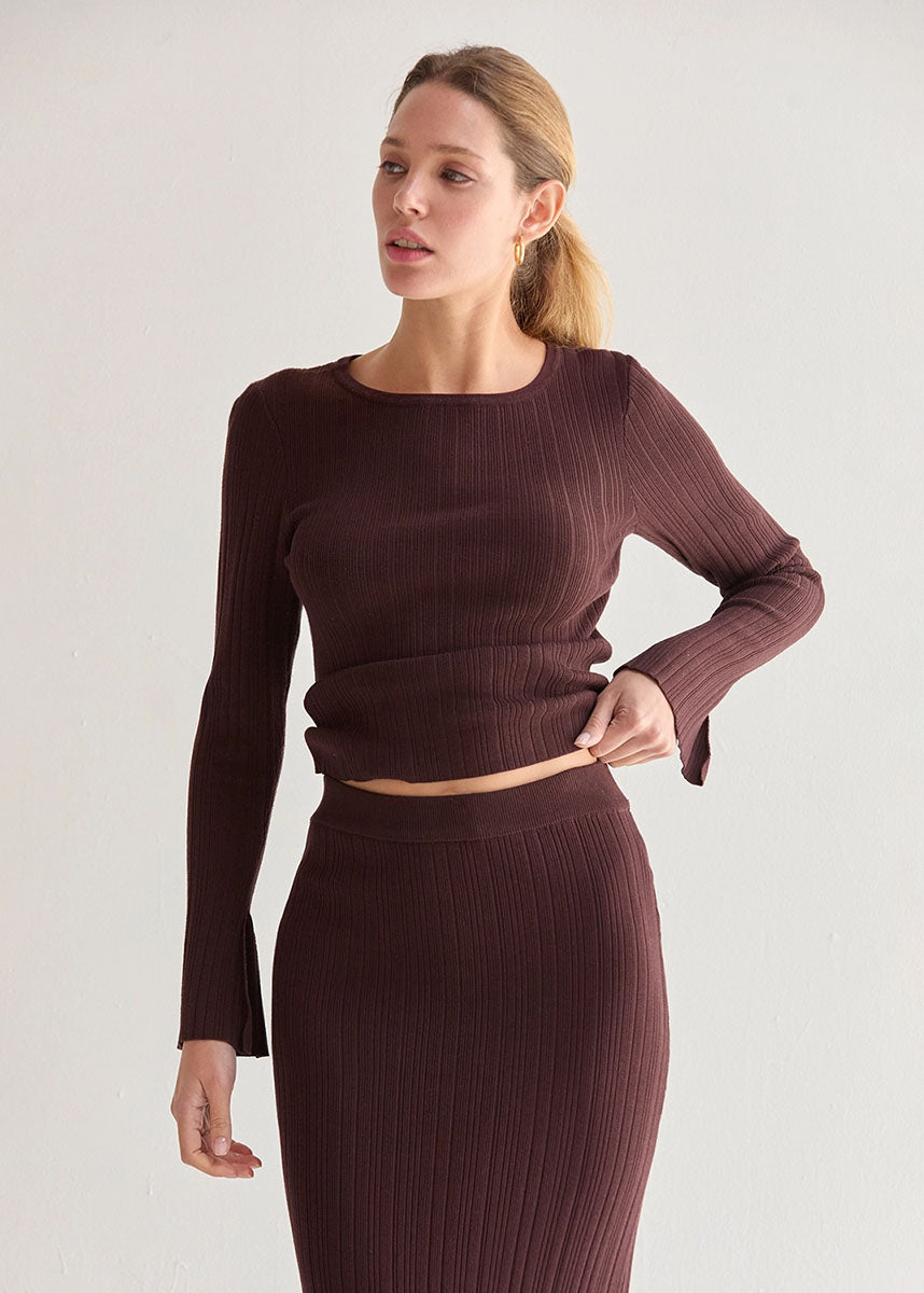 Drea Long Sleeve Ribbed Knit Top - Espresso