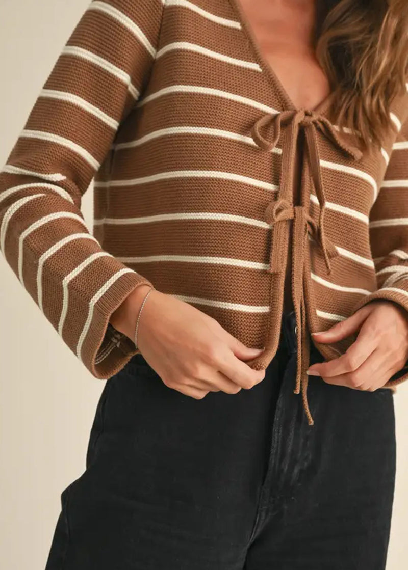 Nancy Striped Tie-Front Cardigan - Mocha & White