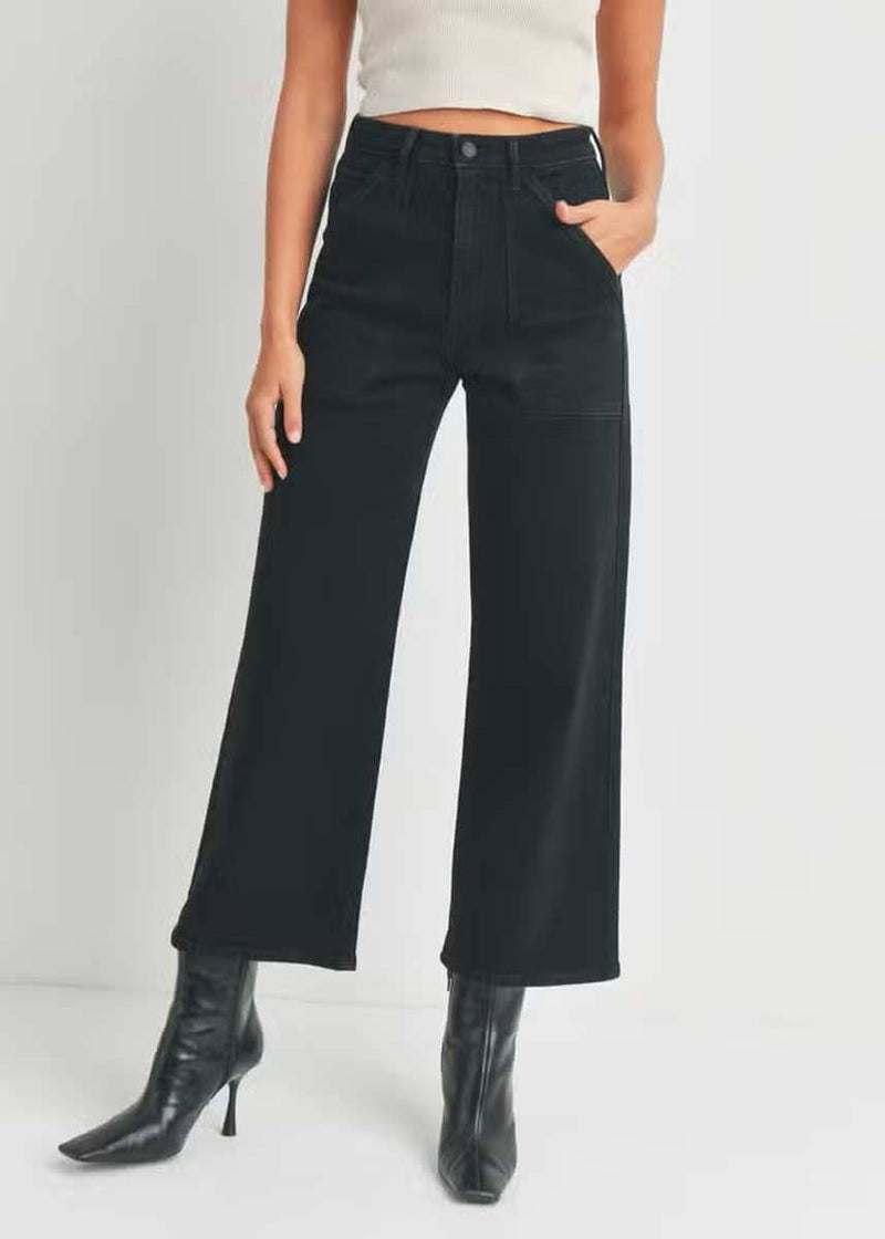 High Rise Cargo Pocket Wide Leg Jean - Black