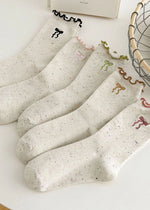 Embroidered Bow Lace Mid-Calf Socks - Pink