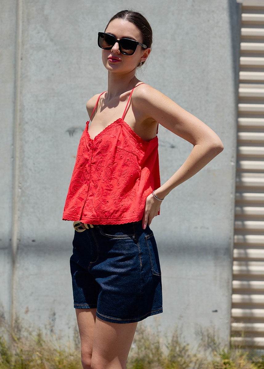 Livi Eyelet Embroidered Tank - Red