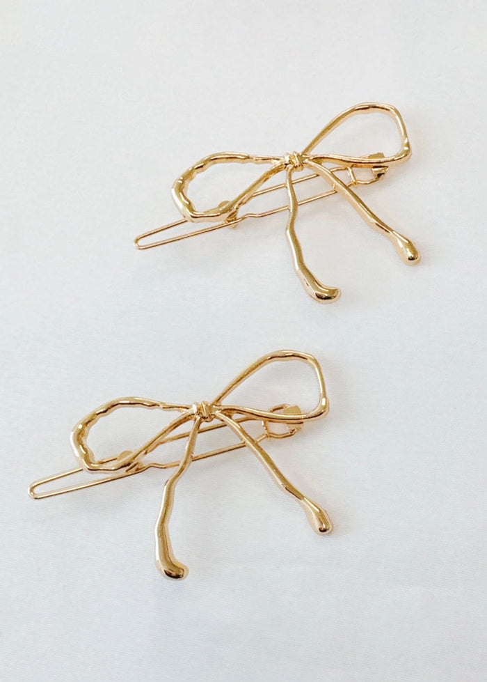 Wobbly Gold Metal Bow Hair Clips (Set of 2)