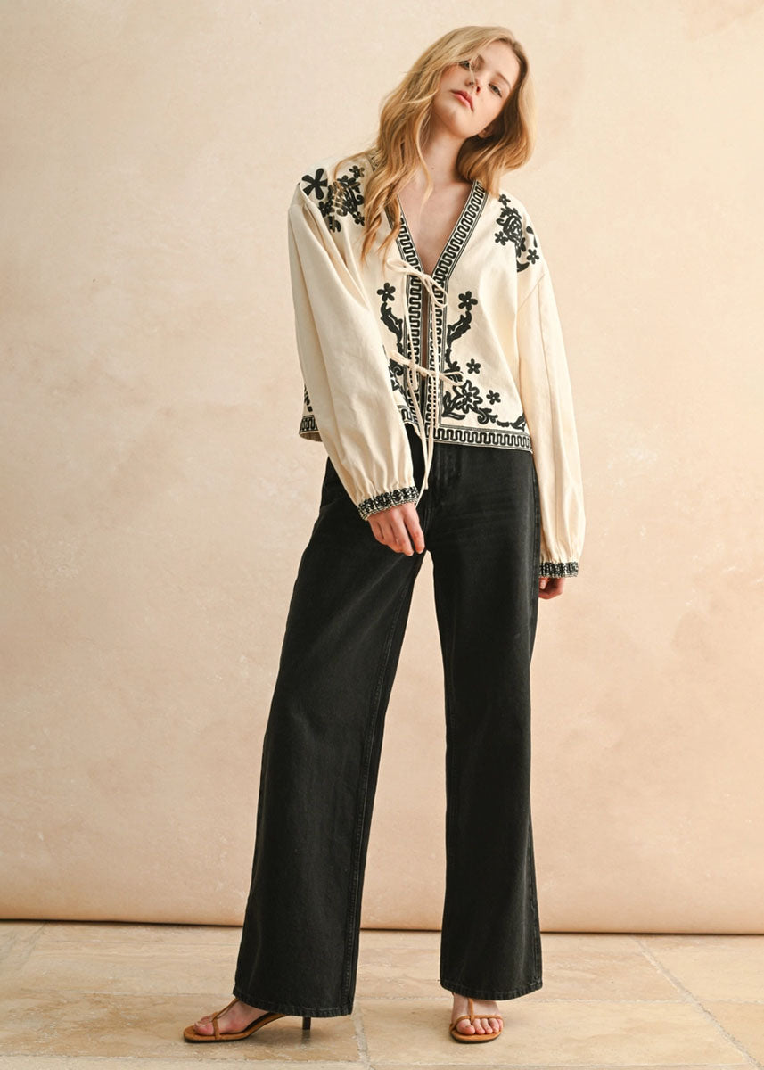 Mia Floral Patch Tie Jacket - Ecru