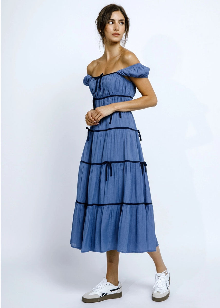 Janie Bow Midi Dress - Blue & Navy
