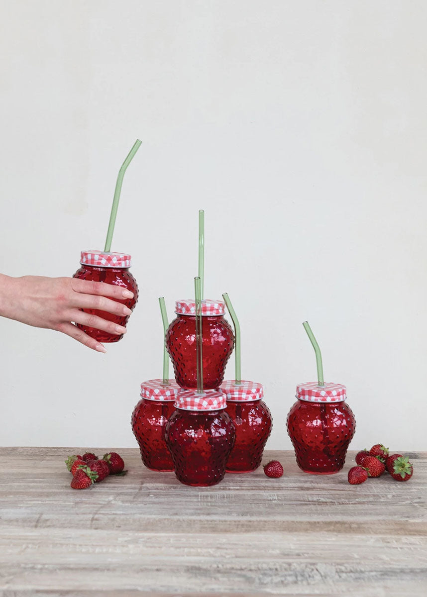 Strawberry Shaped Glass w/ Lid & Straw