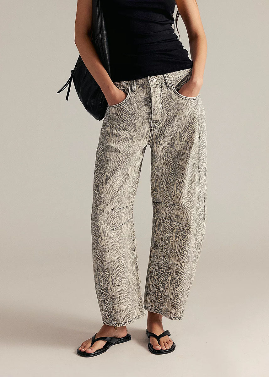 Good Luck Mid Rise Printed Barrel Jeans - Snake Combo