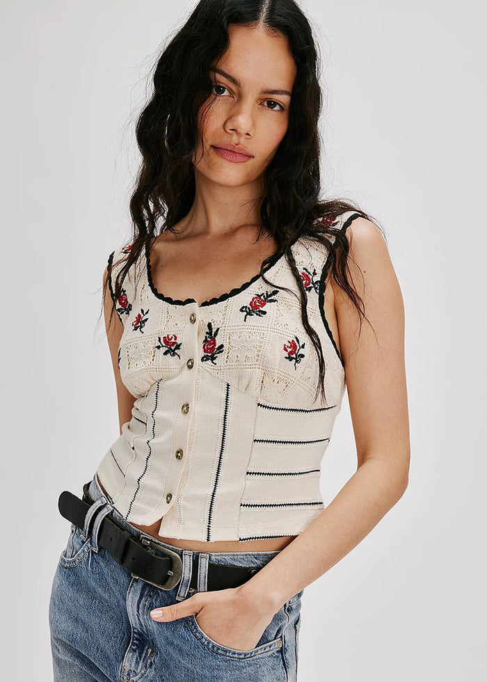 Rose Bud Knit Top - Ivory Combo