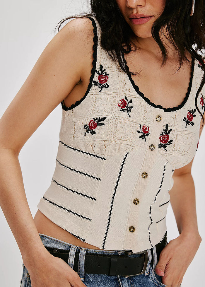 Rose Bud Knit Top - Ivory Combo