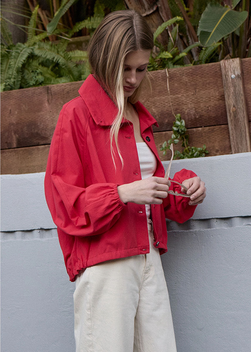 Ruby High Neck Button-Up Jacket - Red