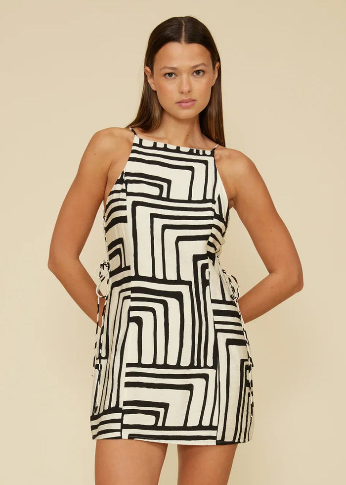 Veronica Square Neck Tie Mini Dress - Black & Cream