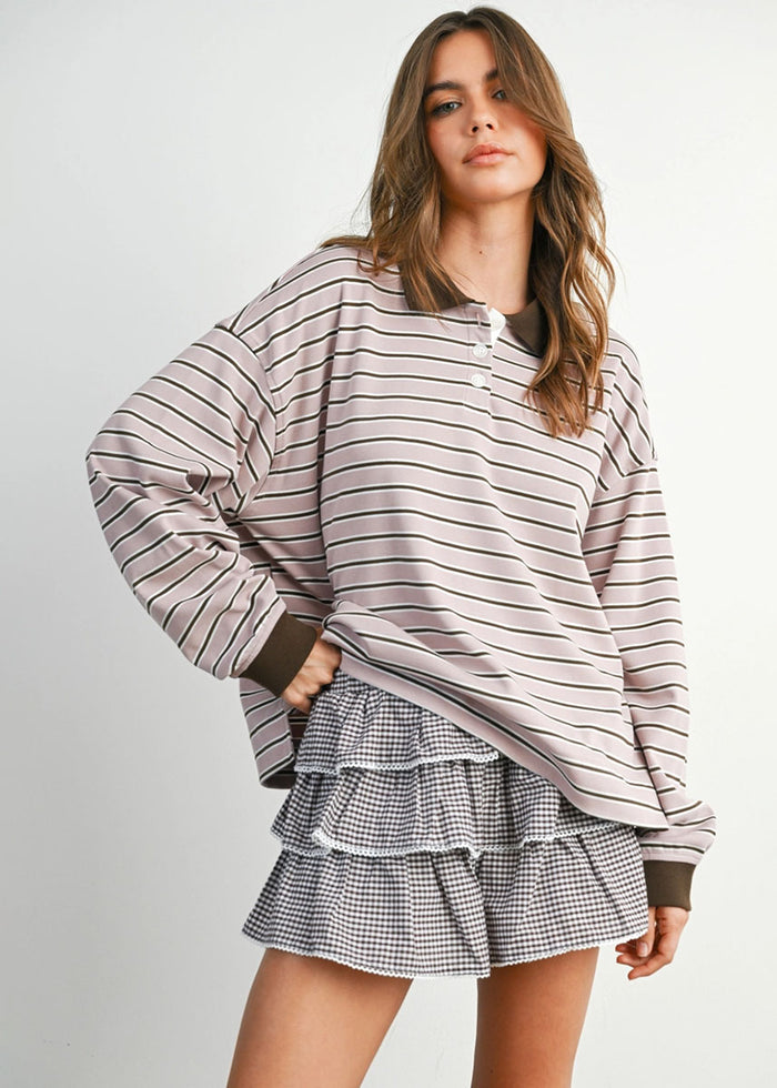 Megan Quarter-Button Stripe Collared Top - Mauve & Brown