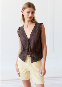 Grayson Lace Trim Tie Front Top - Brown