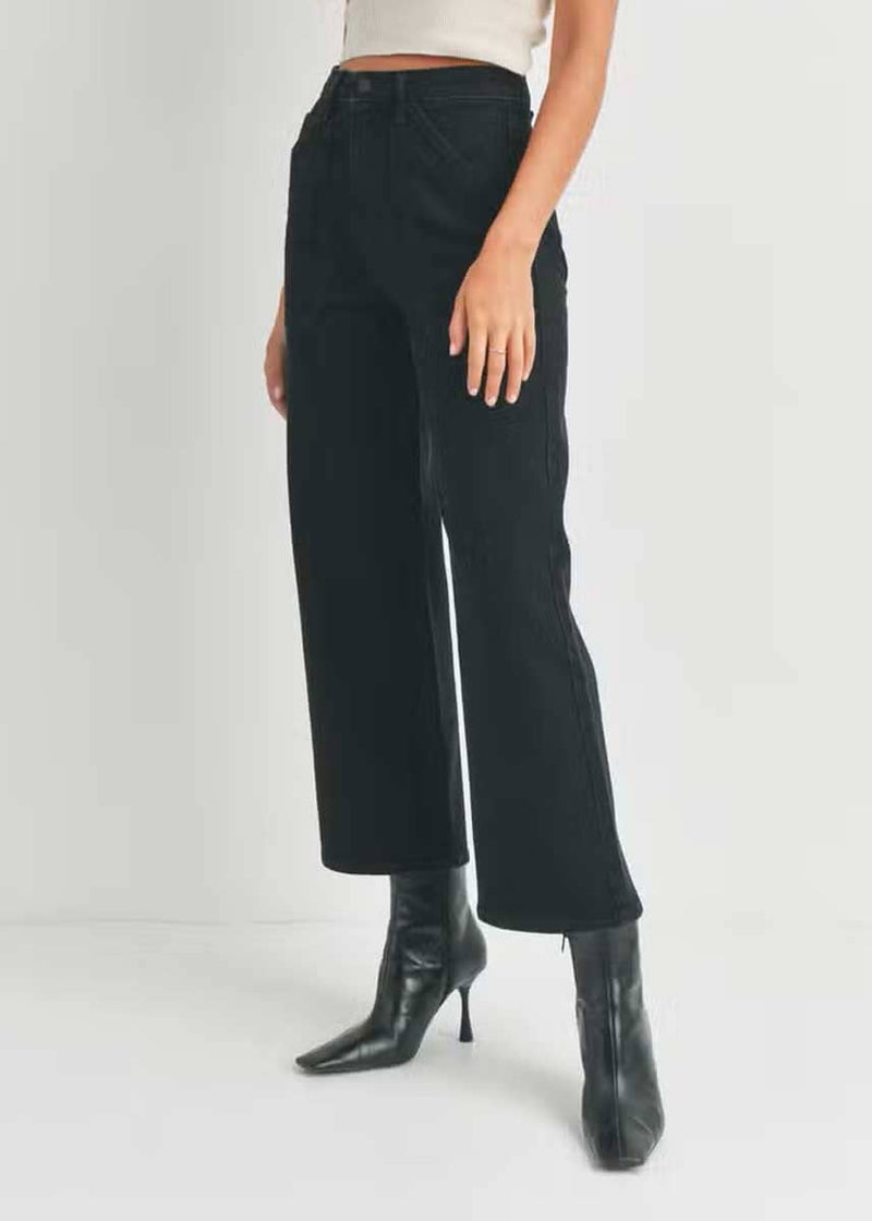 High Rise Cargo Pocket Wide Leg Jean - Black