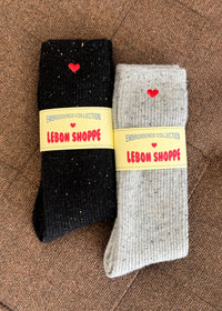 Heart Embroidered Snow Socks - Black