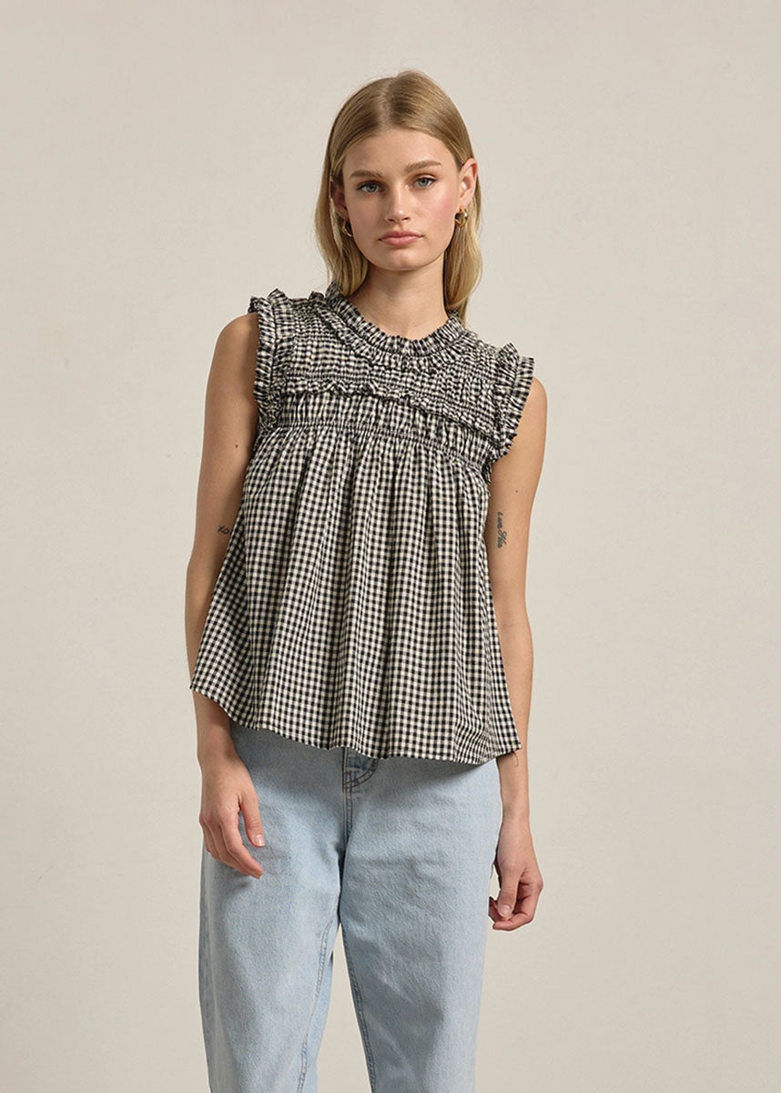 Jessie Gingham Ruffle Top - Black