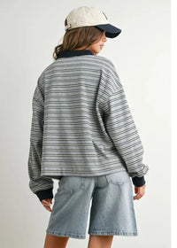 Megan Quarter Button Stripe Collared Top - Grey & Navy