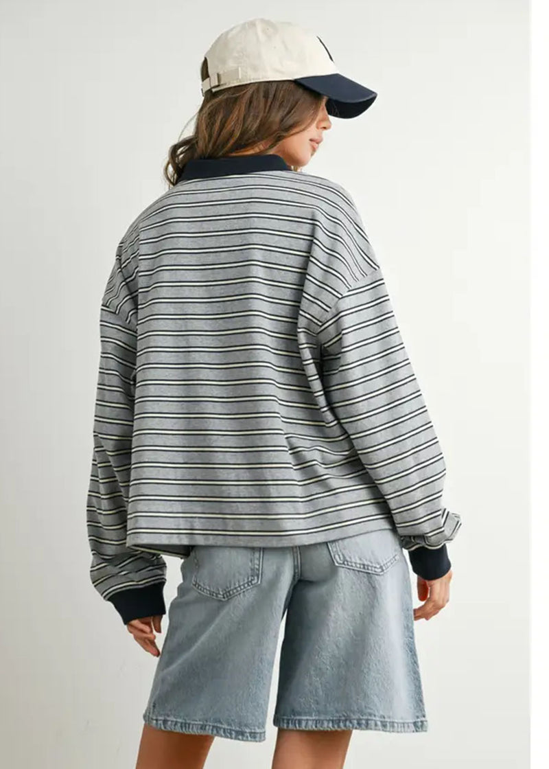 Megan Quarter Button Stripe Collared Top - Grey & Navy