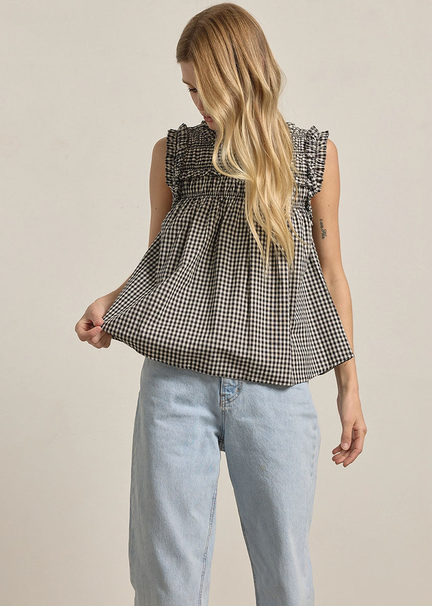 Jessie Gingham Ruffle Top - Black