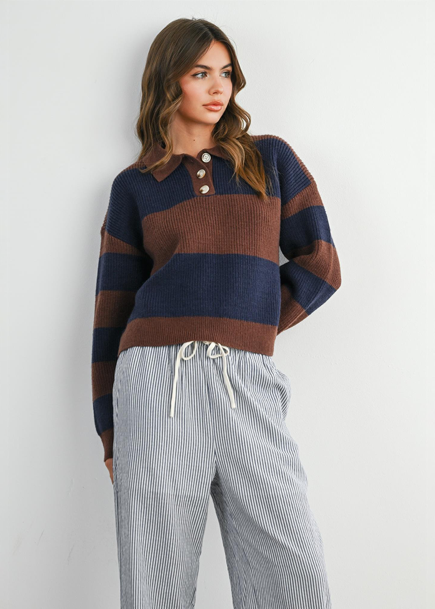 Myla Collared Sweater - Brown & Navy