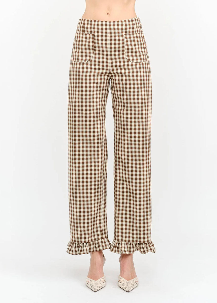 Paloma Straight Ruffle Gingham Pant - Brown