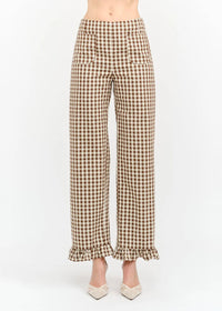Paloma Straight Ruffle Gingham Pant - Brown