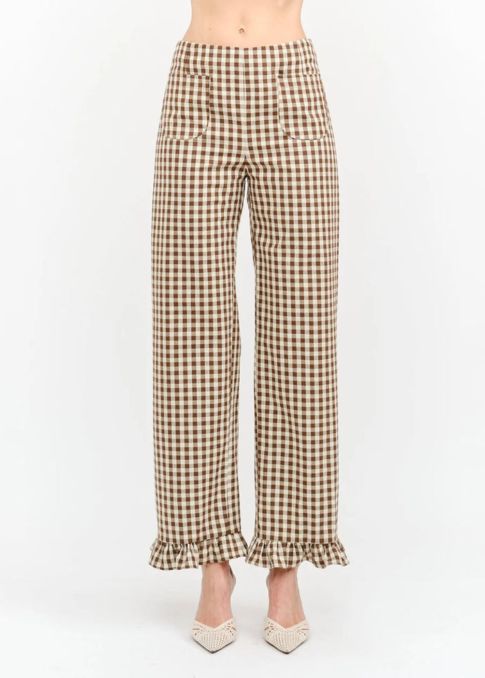 Paloma Straight Ruffle Gingham Pant - Brown