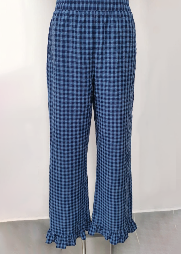 Checkered Ruffle Hem Pant - Dark Blue