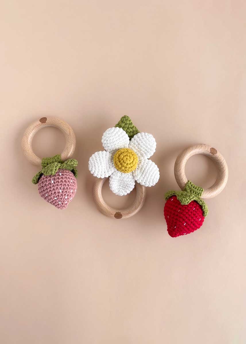 Crochet Strawberry Rattle Teether - Pink