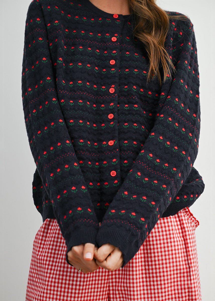 Vera Floral Cardigan - Navy & Red