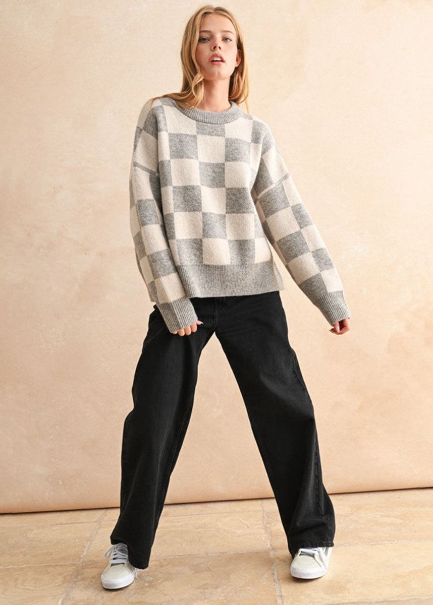 Twila Checker Sweater - Oatmeal Combo