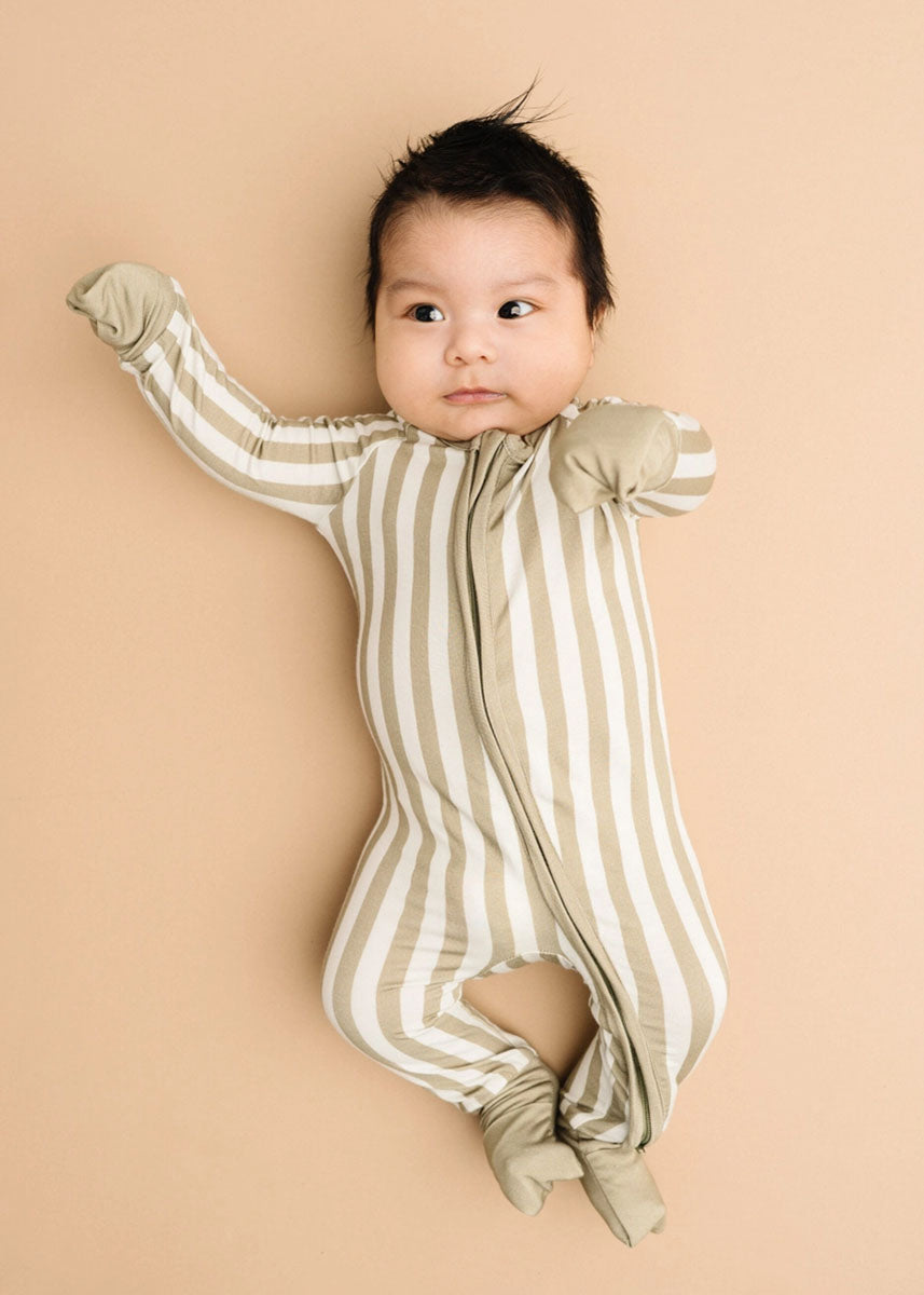 Bamboo Fold-Over Zipper Footie - Olive Stripe