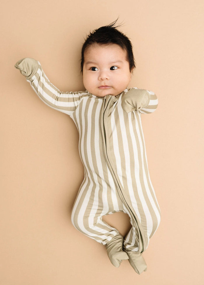 Bamboo Fold-Over Zipper Footie - Olive Stripe