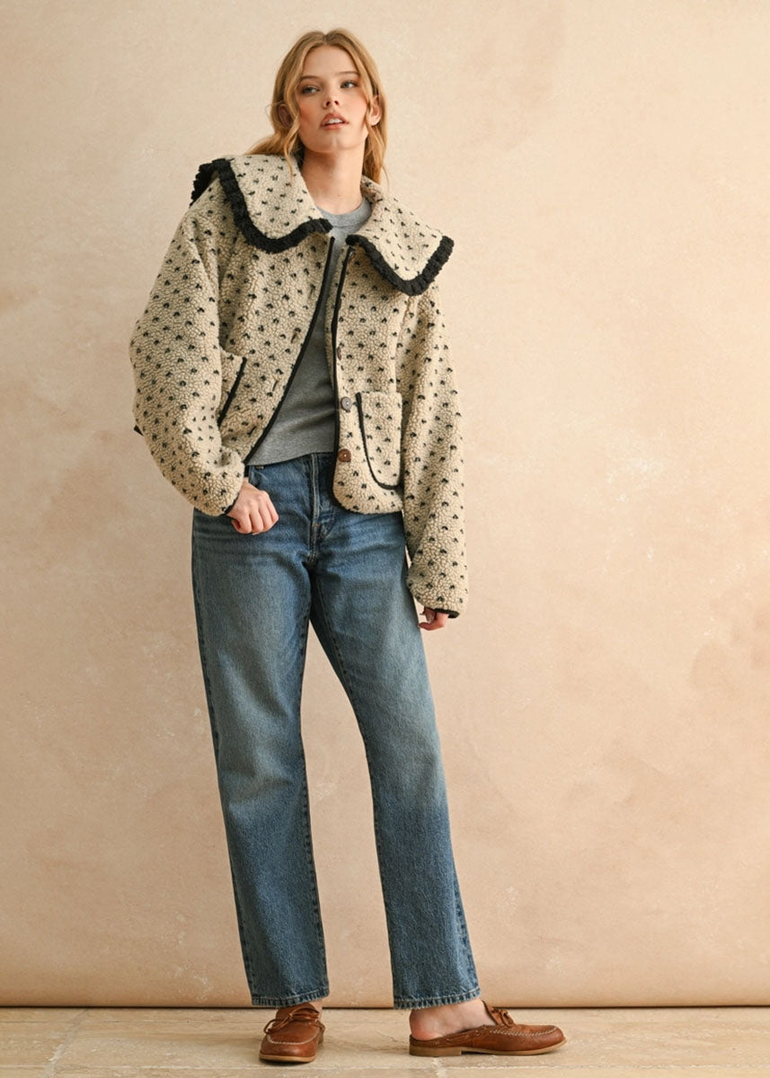 Mary Printed Sherpa Collared Jacket - Stone & Black