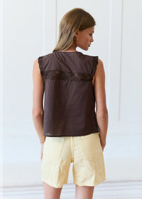 Grayson Lace Trim Tie Front Top - Brown