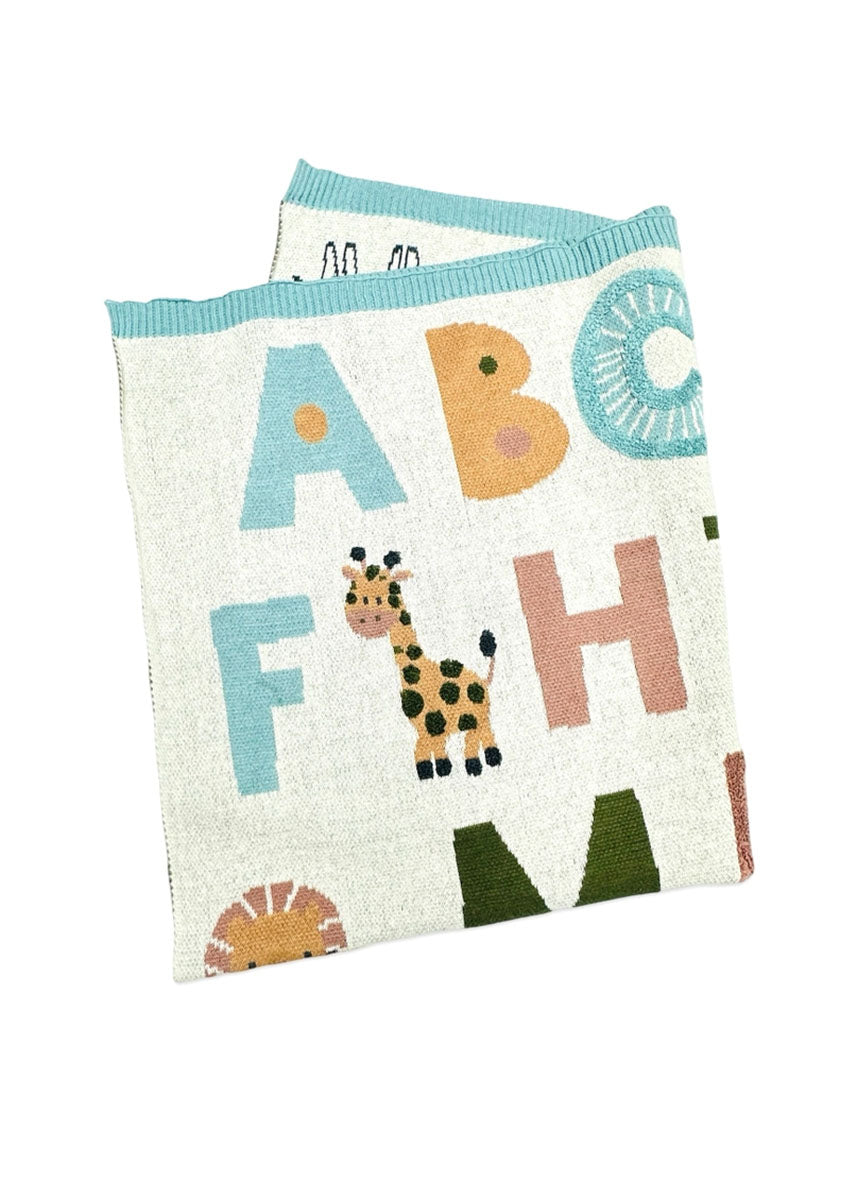 Organic Jacquard Sweater Knit Baby Blanket - Alphabet Blue