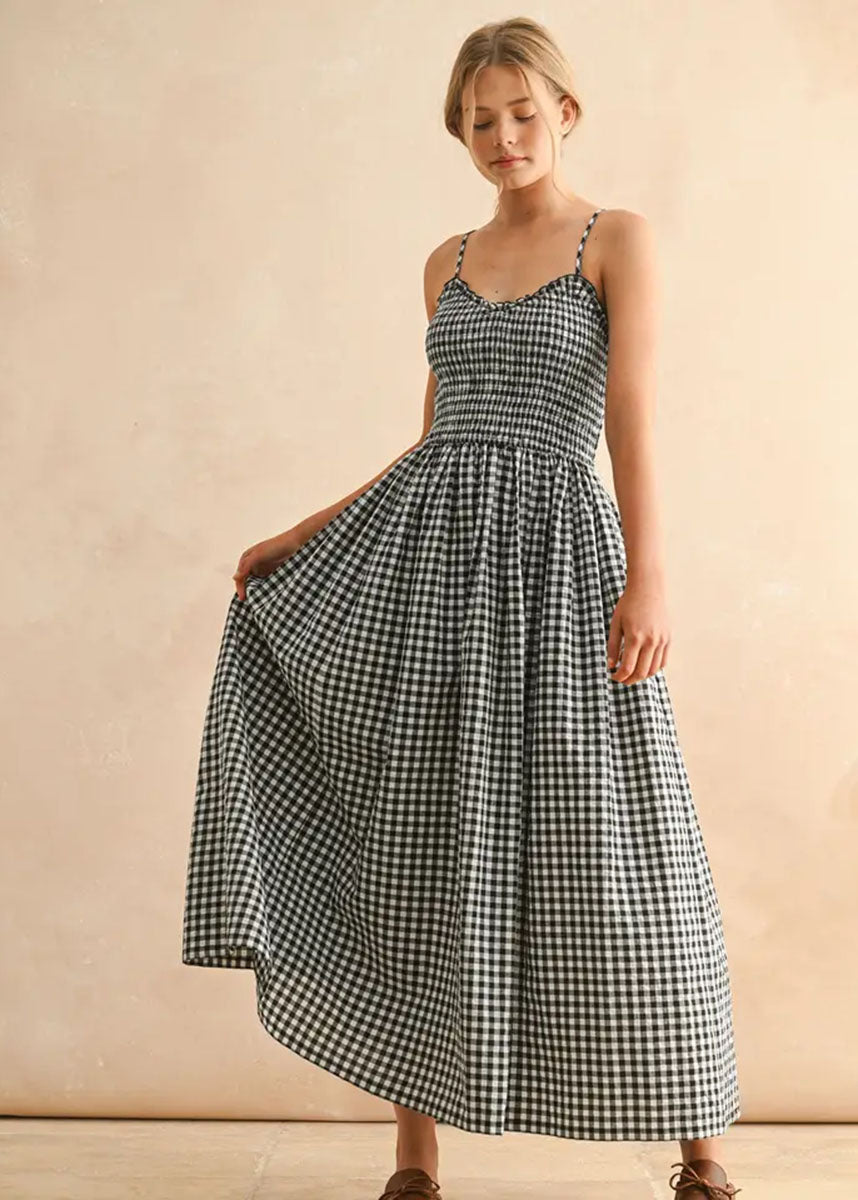 Bonnie Gingham Print Maxi Dress - Black & White