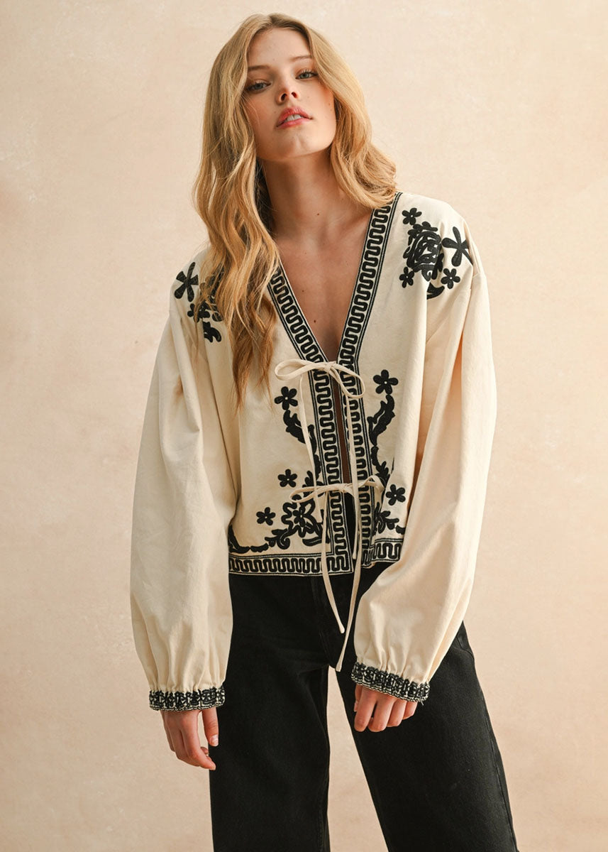 Mia Floral Patch Tie Jacket - Ecru