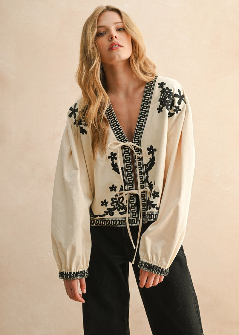 Mia Floral Patch Tie Jacket - Ecru