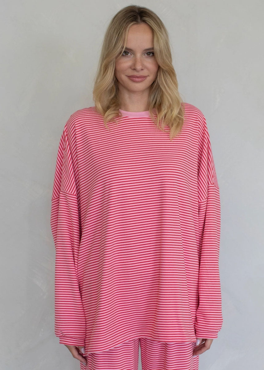Levi Striped Fleece Oversized Top - Pink
