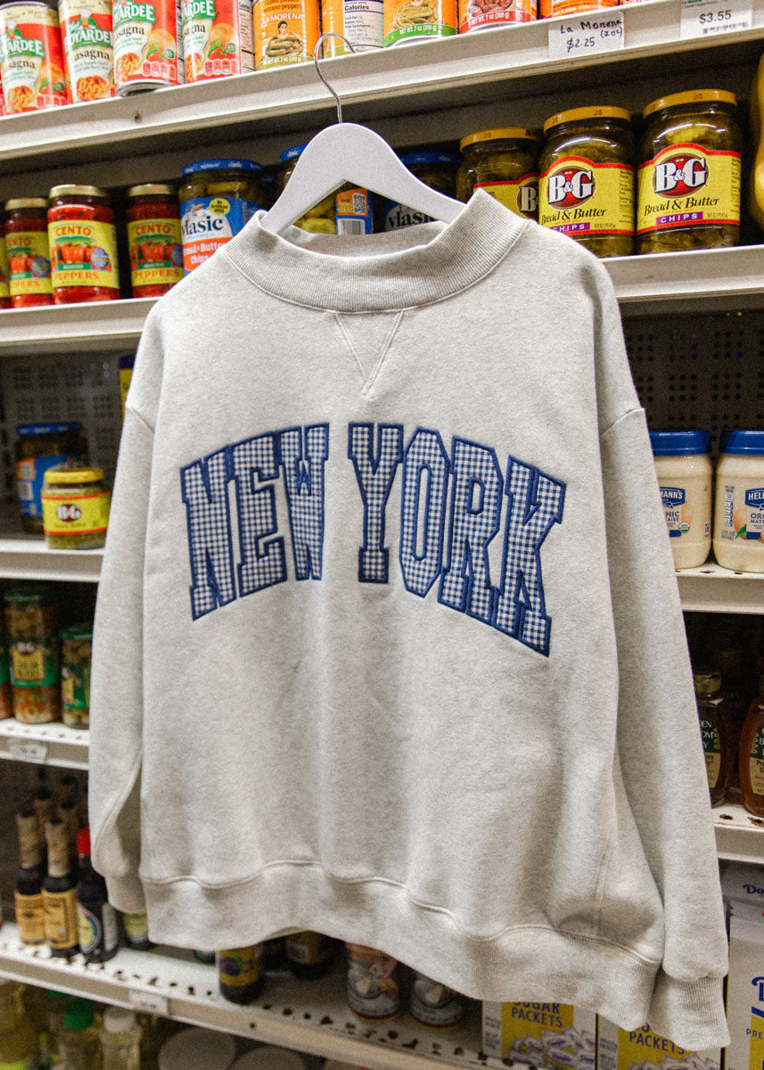 New York Collegiate Gingham Mock Neck Sweatshirt - Grey