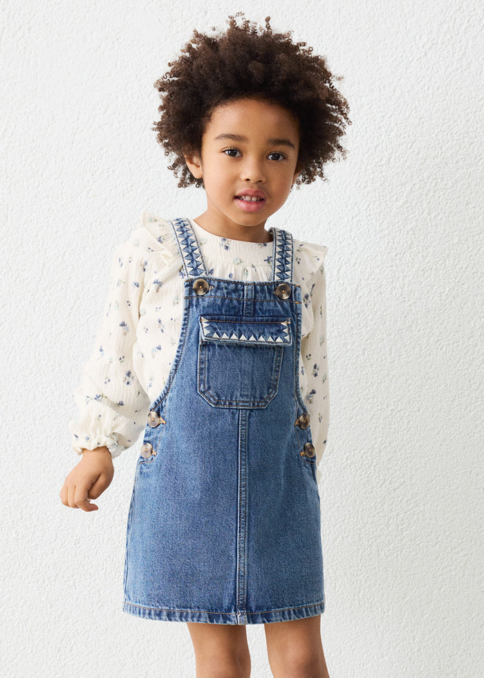 Iris Embroidered Overall Dress - Light Denim