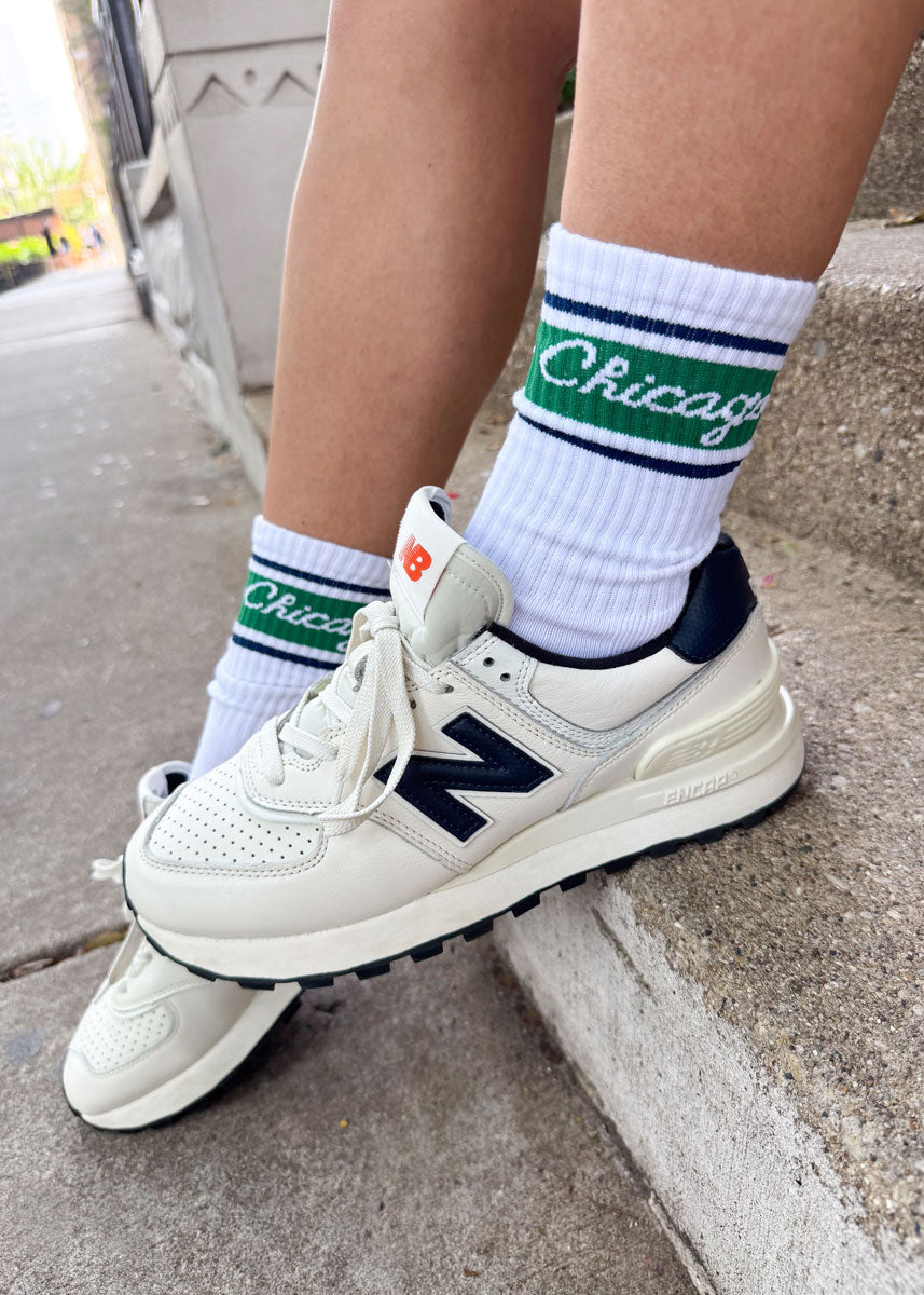 Chicago Script Triple Stripe Long Crew Sock - Green & Navy