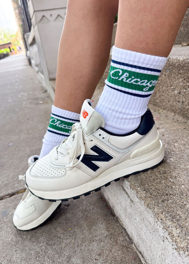 Chicago Script Triple Stripe Long Crew Sock - Green & Navy