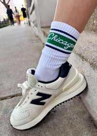Chicago Script Triple Stripe Long Crew Sock - Green & Navy