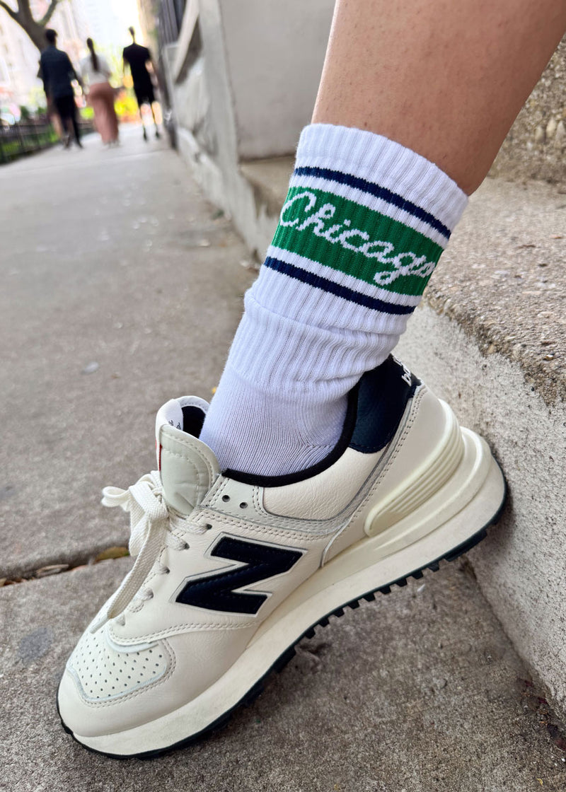 Chicago Script Triple Stripe Long Crew Sock - Green & Navy