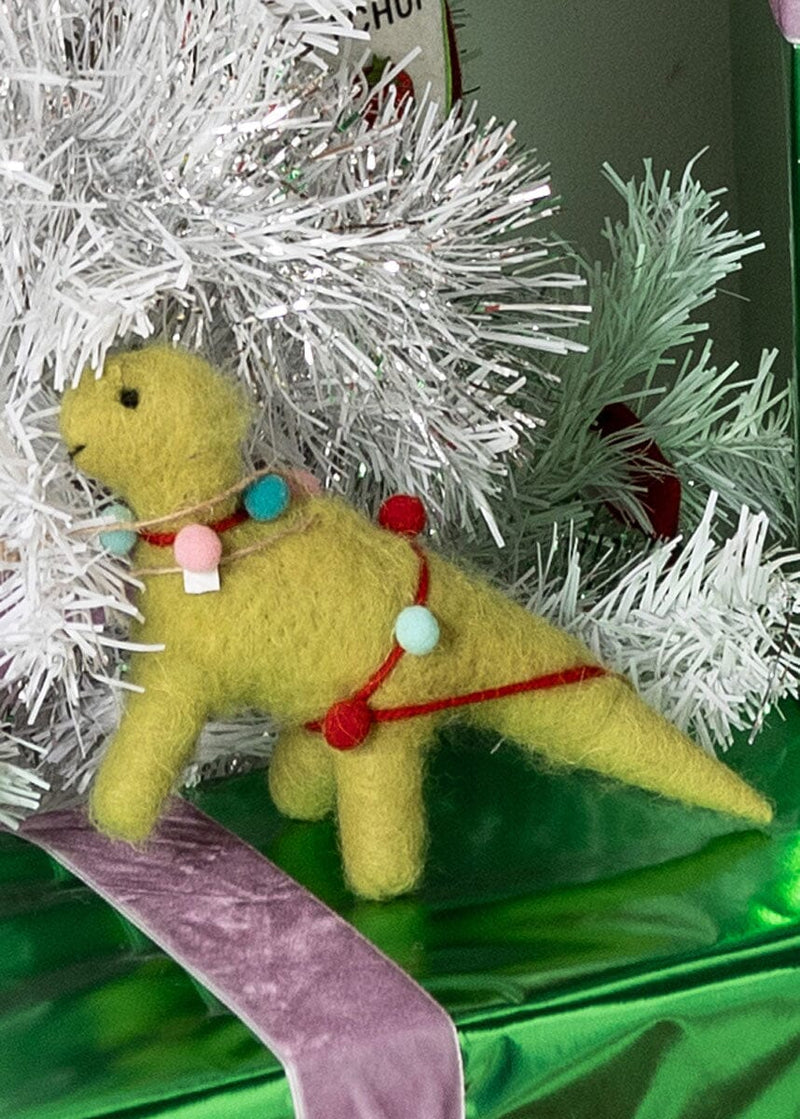 Wool Felt Holiday Dinosaur Ornament - Green with Lights